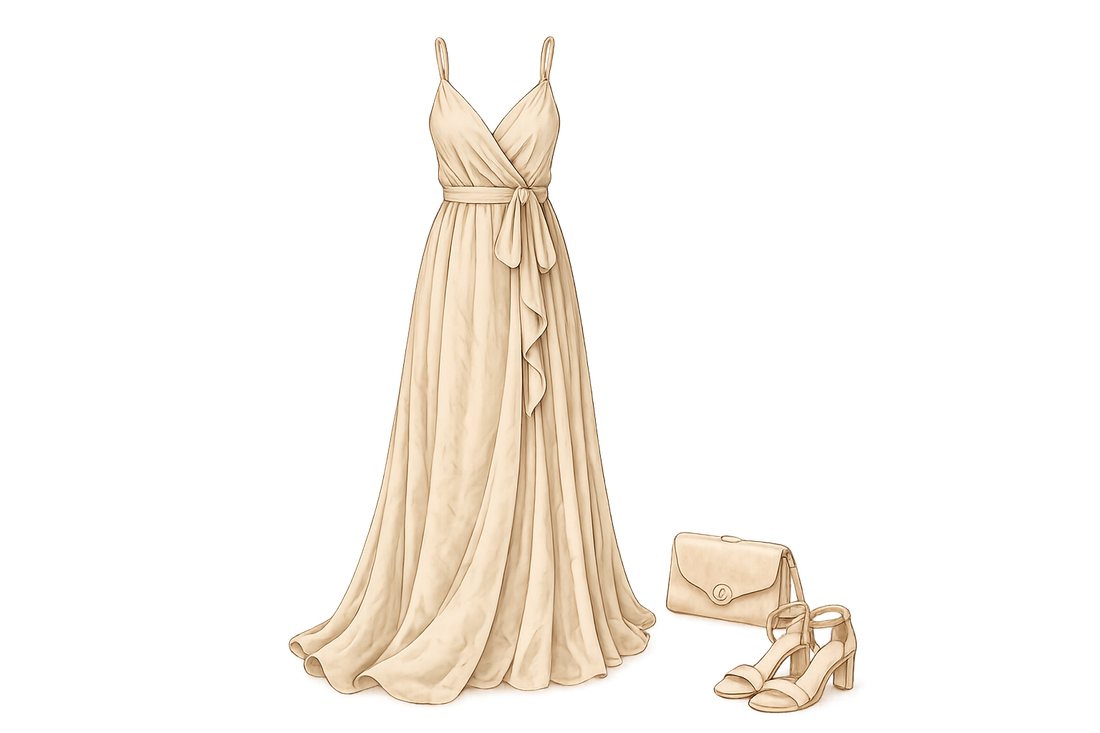 Vestido largo, bolso y sandalias